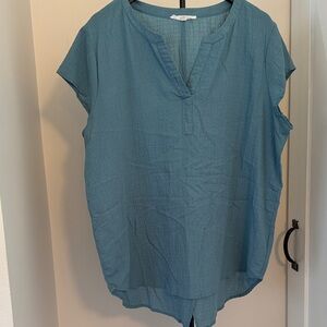 Relaxed V-Neck Cap Sleeve crinkle Top - Dusty Teal